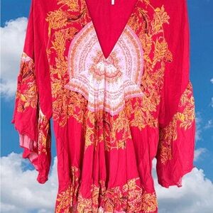 FREE PEOPLE Red Sunset Dreams V- Neck Tunic - Small
